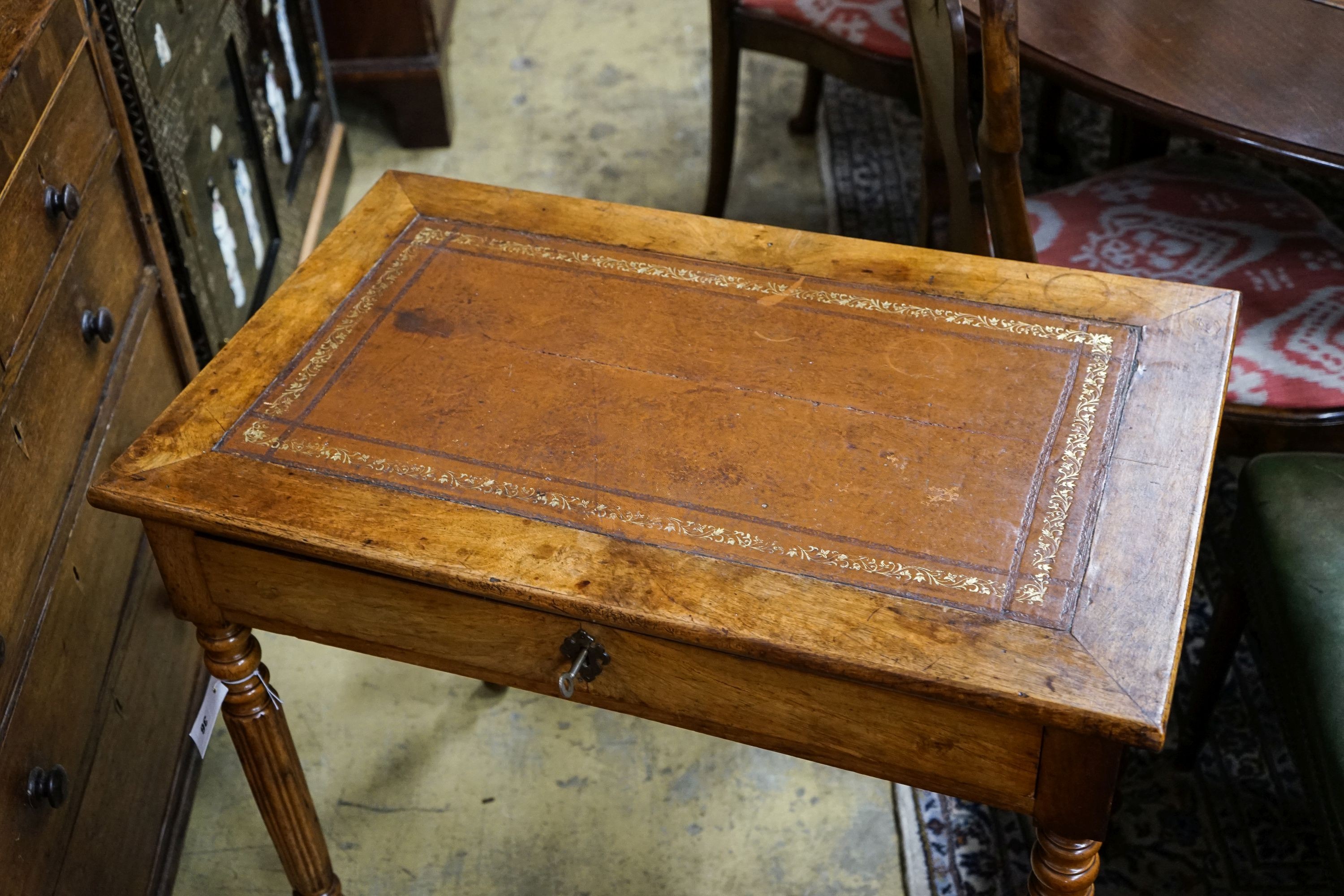 A 19th century French walnut single drawer writing table, width 80cm, depth 49cm, height 76cm